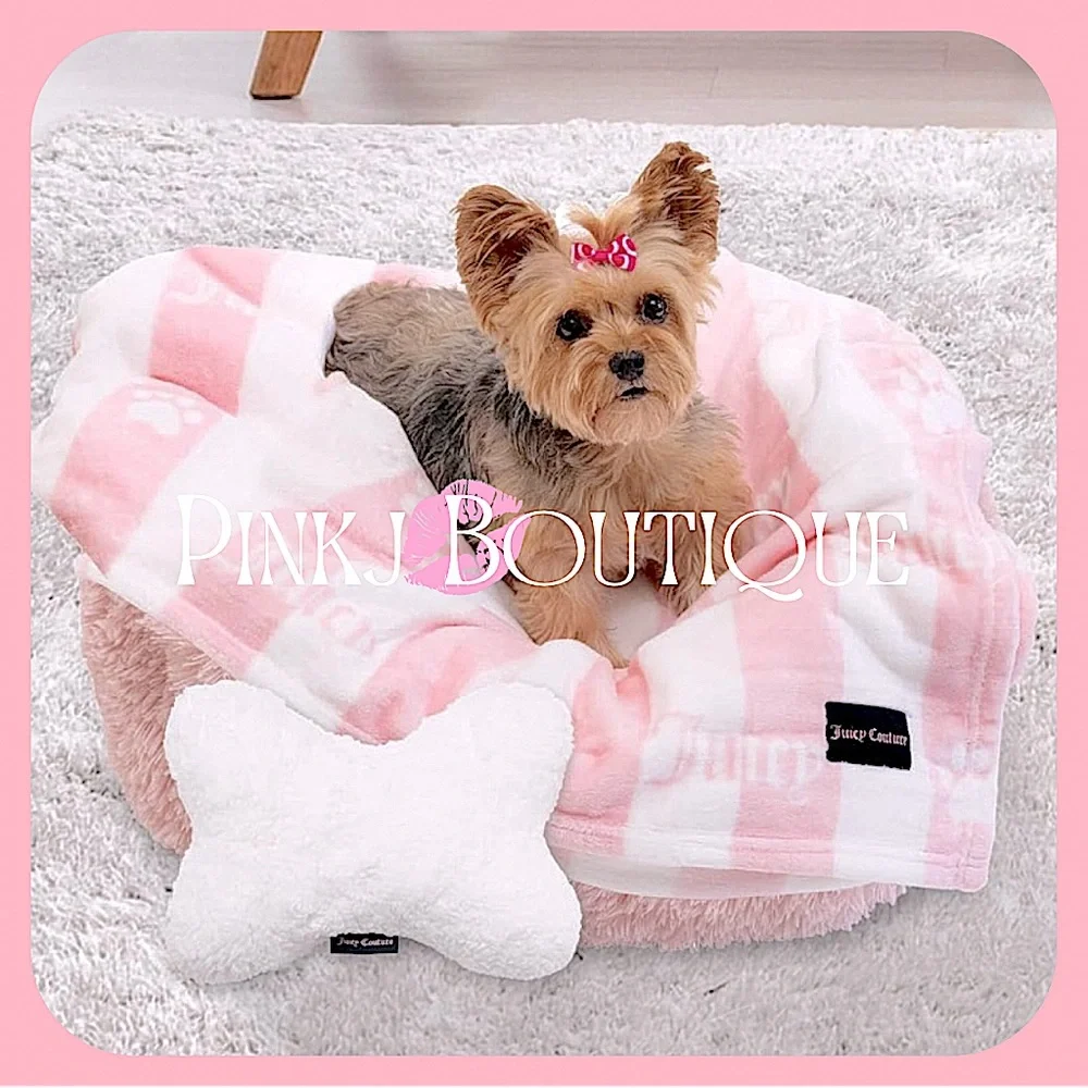💗🐾 2pc {Juicy Couture} Pink Stripe {Paws} Throw Blanket+Bone Shape Pillow Set!